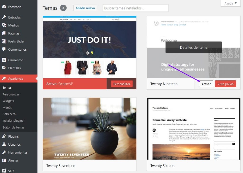 activar un tema alternativo en wordpress para comprobación de errores o que el tema principal esté afectando el sitio. pantalla blanca de wordpress