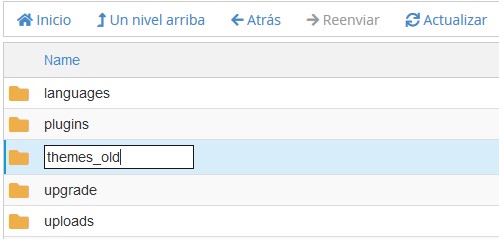 renombrar carpeta de themes en wordpress para deshabilitarlos desde adminsitrador de archivos