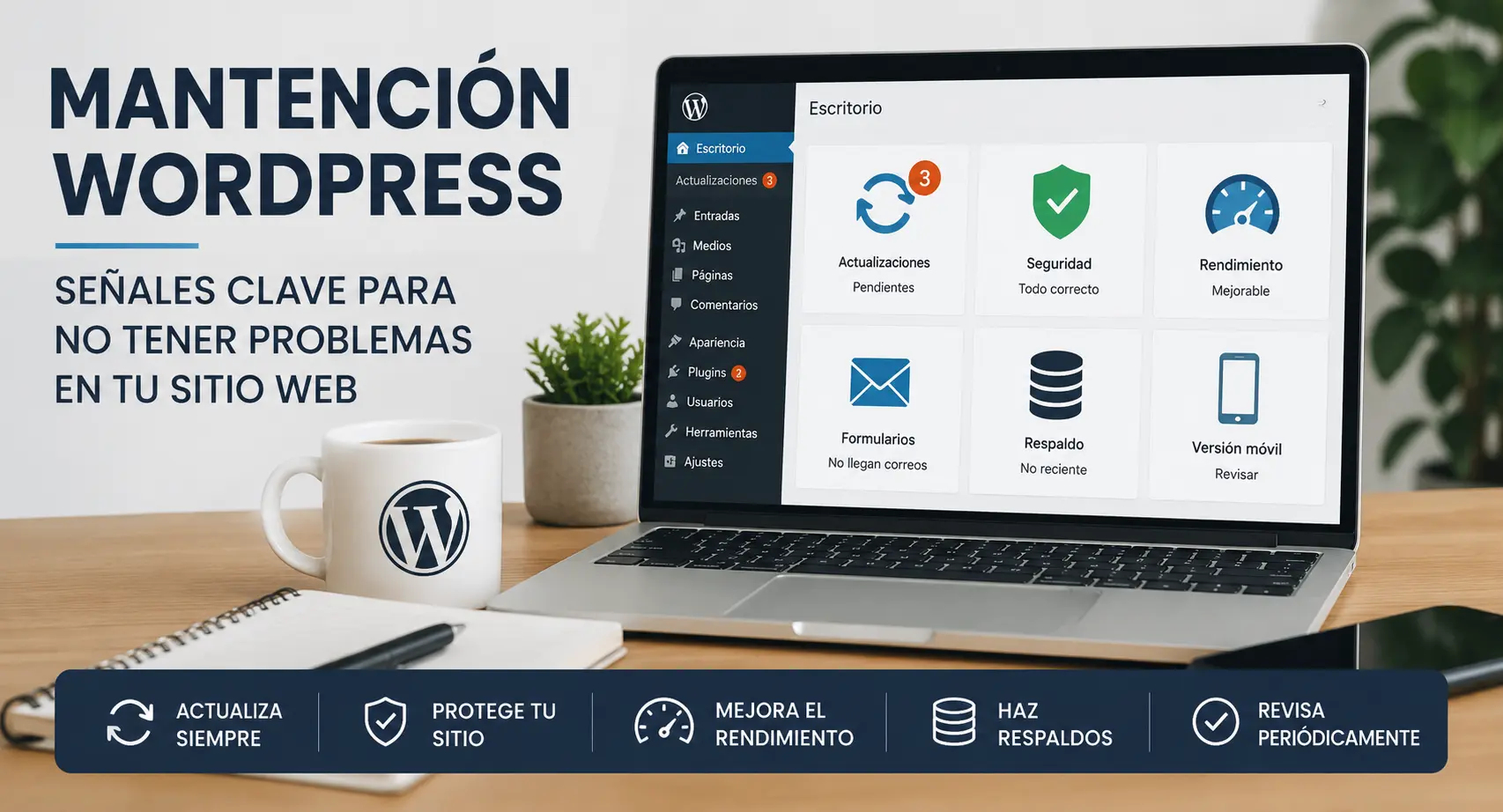 Imagen sobre mantención WordPress con escritorio del sitio, señales de actualizaciones pendientes, seguridad, rendimiento, formularios, respaldos y versión móvil.